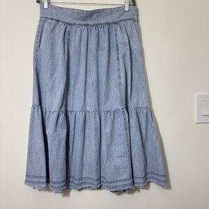 Sundance Chambray Denim Midi Skirt Size M Tiered Flare Pockets Raw Hem